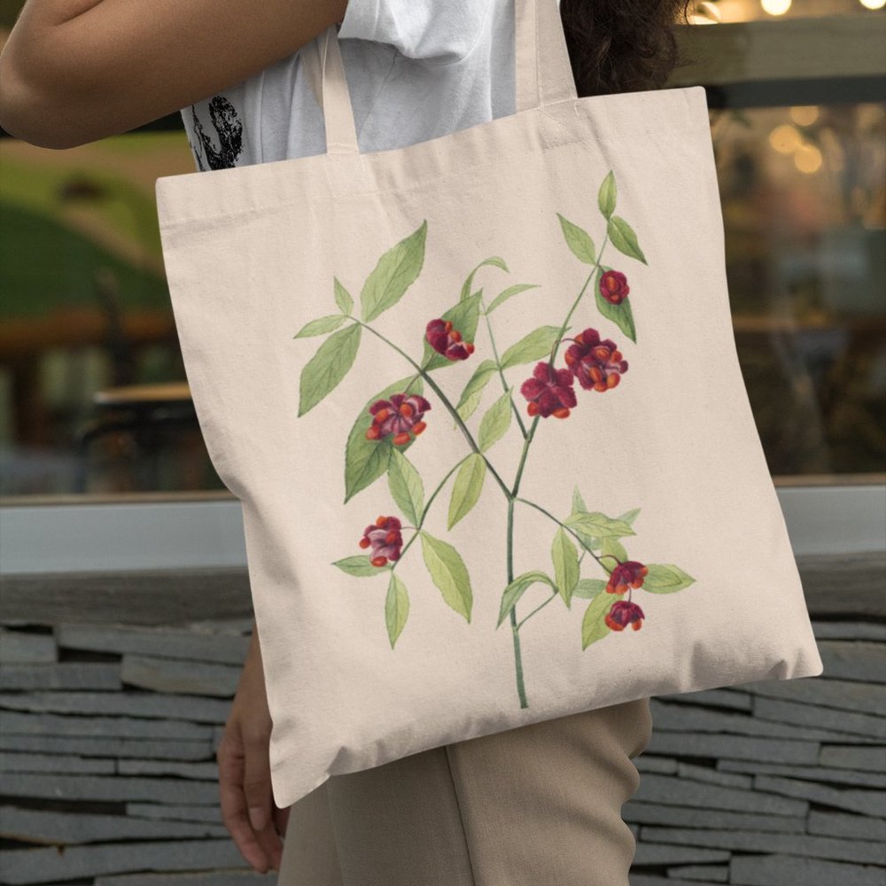 Strawberry Bush Vintage Watercolor Botanical Print Graphic Canvas Tote Bag